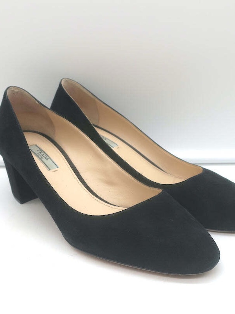 Prada Black Suede Mid Block Heel Pumps